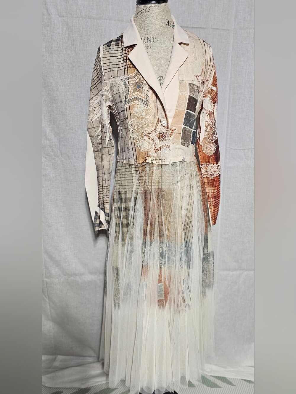 Patchwork Lace-Trim Blazer Dress in Cream and Brown